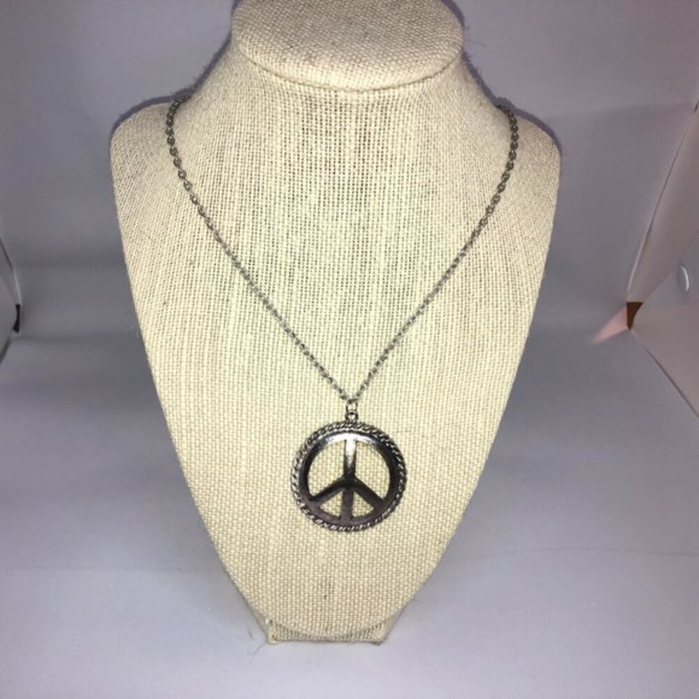 Vintage Peace Sign Metallic Pendant & Chain Necklace 27" Festival
